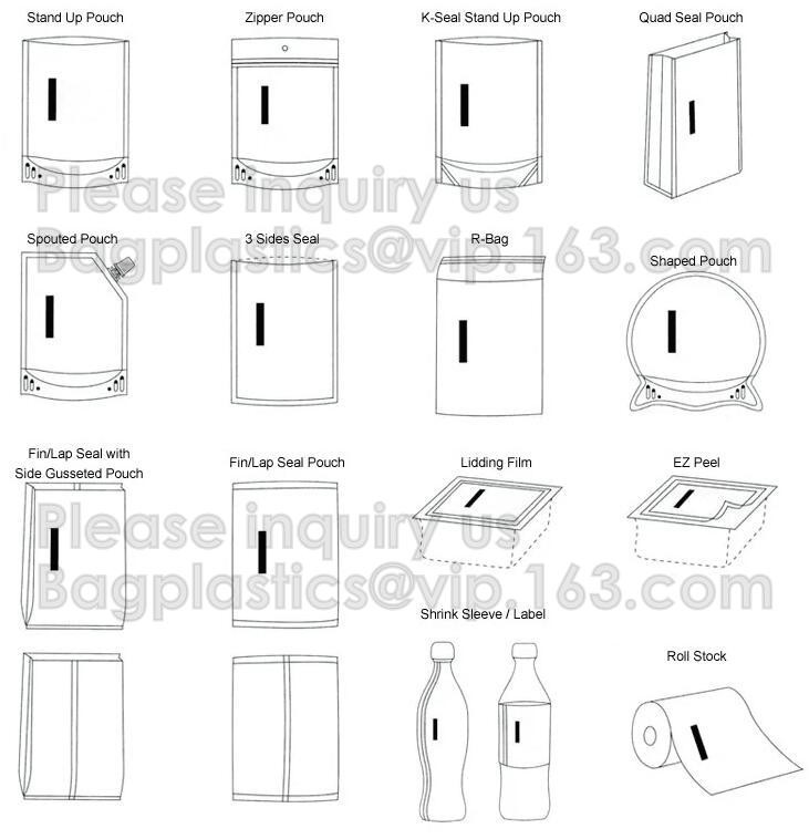 k, Pull Tab Zipper, Tear Notch, Window, Hang Hole, Valve, Tin Tie Flat Bottom, Stand Up, Side Gusset, Quad Seal