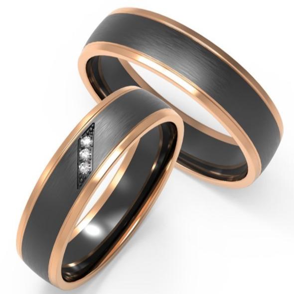 Buy cheap Polished Domed Damascus Steel Rose Gold Ring With Zircon Couple Ring Set Inside from wholesalers