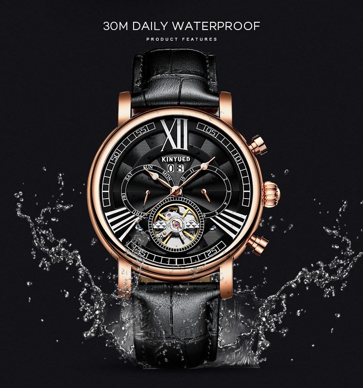 KINYUED Skeleton Leather Band Mechanical Men Watch tourbillon watch automatic