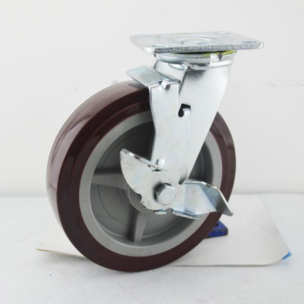 Industrial Trolley Castor Wheels Heavy Duty 8 Inch Red PU Wheel With Side Brake