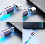 2.4A Micro USB Phone Charger Cable 8 pin Type C 3 In 1 Magnetic Cable LED Light