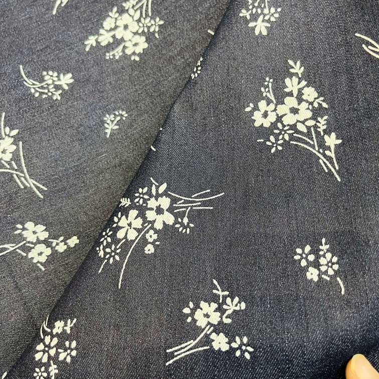 9.7 Oz Indigo Washed Elastic Denim Fabric By The Yard Flower Printed