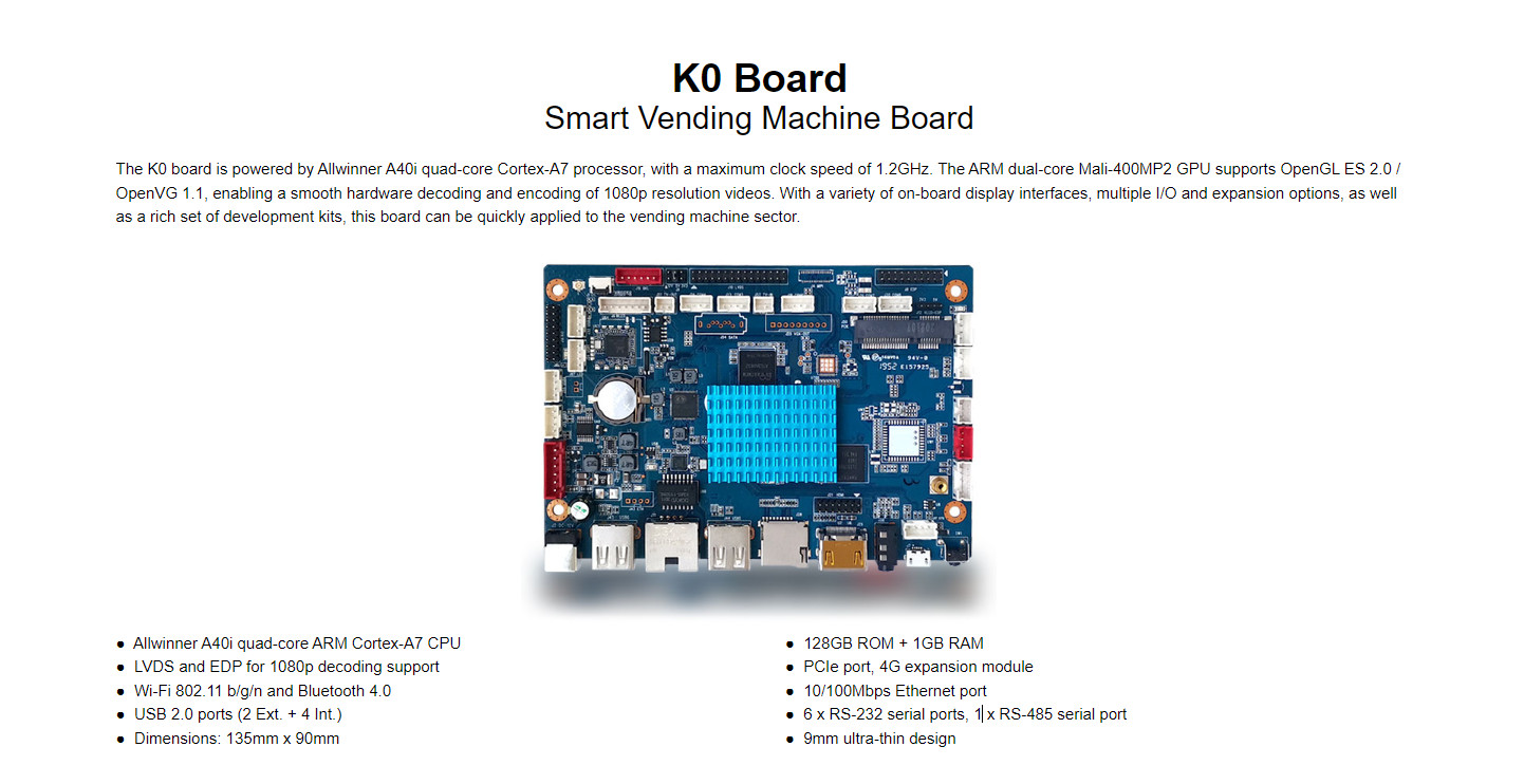 K0 Board Smart Vending Machine Board Allwinner A40i quad-core ARM Cortex-A7 CPU USB 2.0 ports