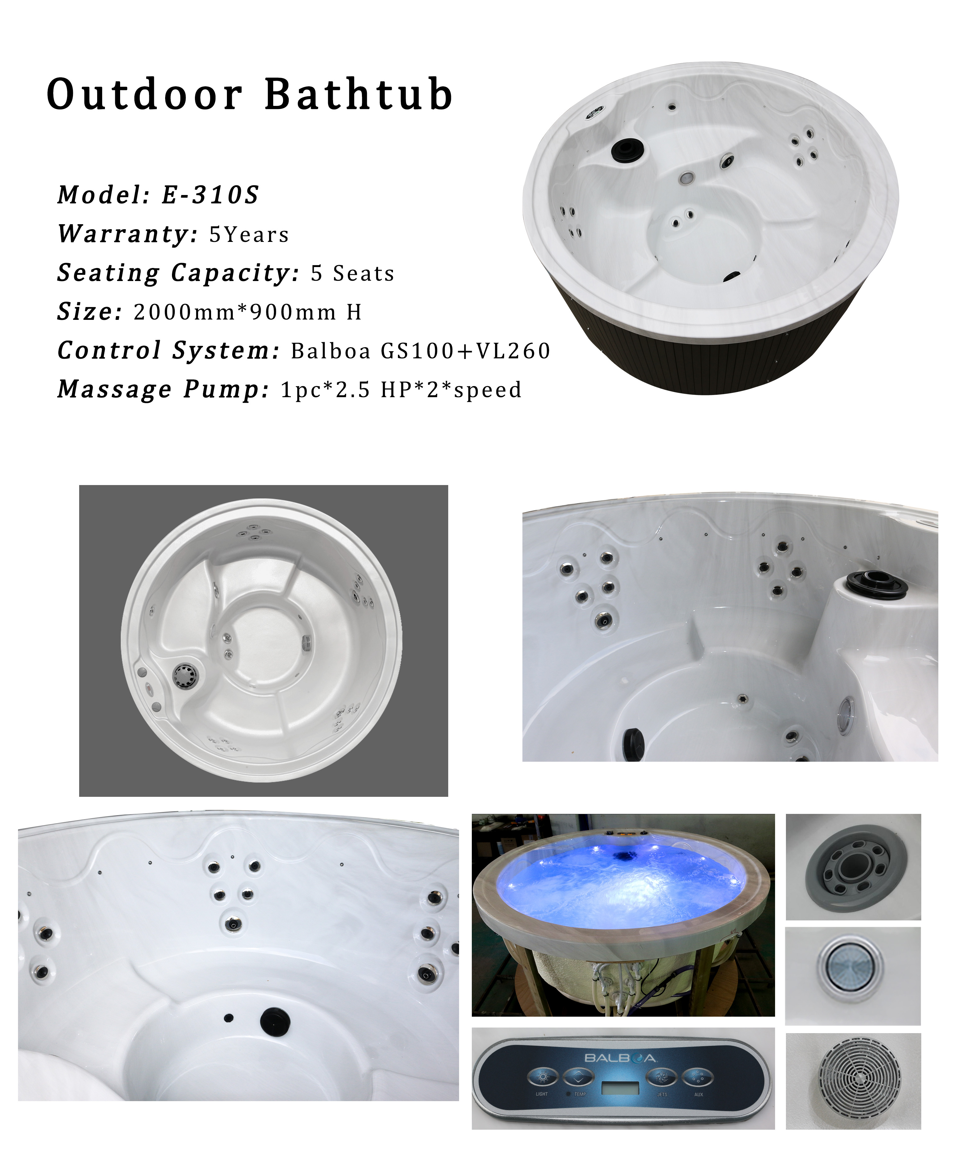 5-Person Acrylic Shell Hot Tub With 3kW Heater And Bluetooth Speakers