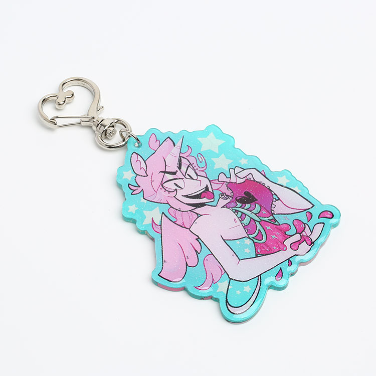 Custom high quality opaque acrylic double epoxy keychain charm with silver glitters