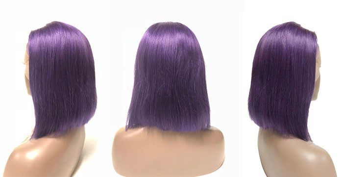 Natural Straight Wave Short Human Hair Lace Front Wigs 12 Inch Purple Color