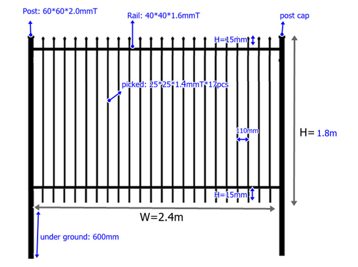 2.4m Width By 2.1m High Wrought Iron Steel Fence Security Pipe