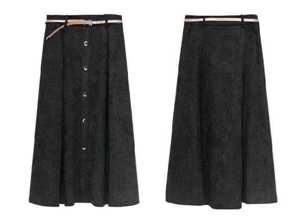 Buy cheap Black Wide Hem Ladies Dress Skirt Suede Skirt Calf Length With Belt from wholesalers