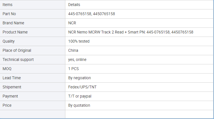 NCR Nemo MCRW Track 2 Read + Smart PN: 445-0765158, 4450765158