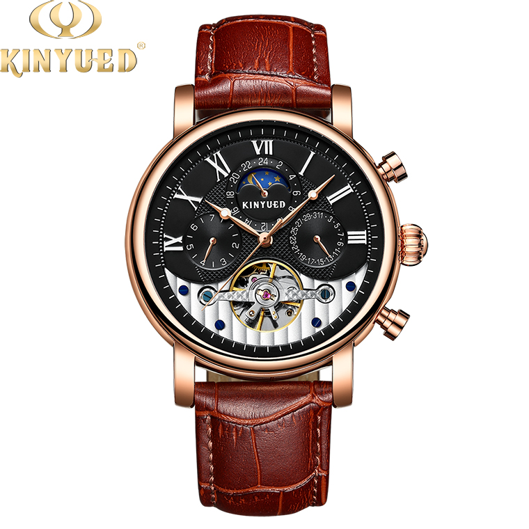 KINYUED moon phase skeleton watch tourbillon mens automatic mechanical watch luxury