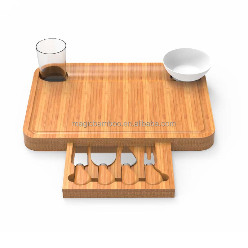 Rectangular Bamboo Cheese Board with Pull-Out Complete Set of Cheese Knives and Design