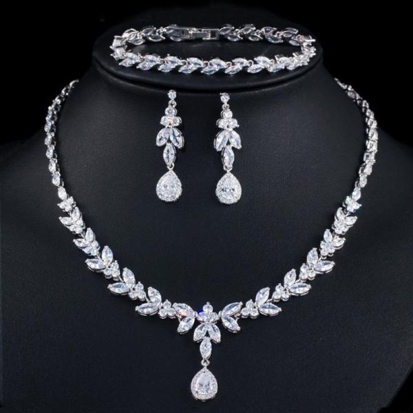 Silver Necklace Jewelry Set Necklace Earrings Jewelry Dainty Bridal Cz Waterdrop