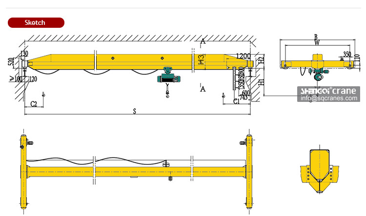 Santo Brand High Strength Single Girder Overhead Travelling Crane 10 Ton Load Capacity