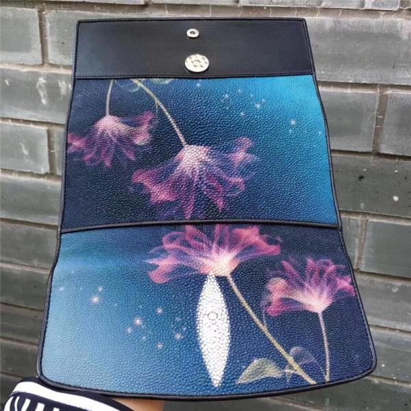Authentic Stingray Skin Female Long Flower Trifold Wallet Genuine Leather Lady