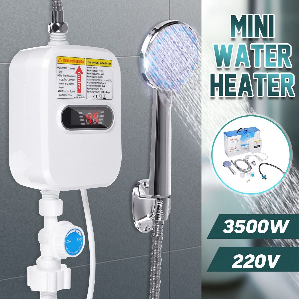 3500W 220V Mini Electric Tankless Instant Hot Water Heater With Shower Head