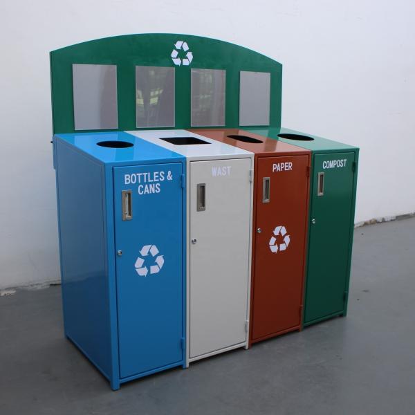 Buy cheap Outdoor Steel Recycling 4 Compartment Trash Can With Galvanized Steel Liner Metal Recycling Bins from wholesalers