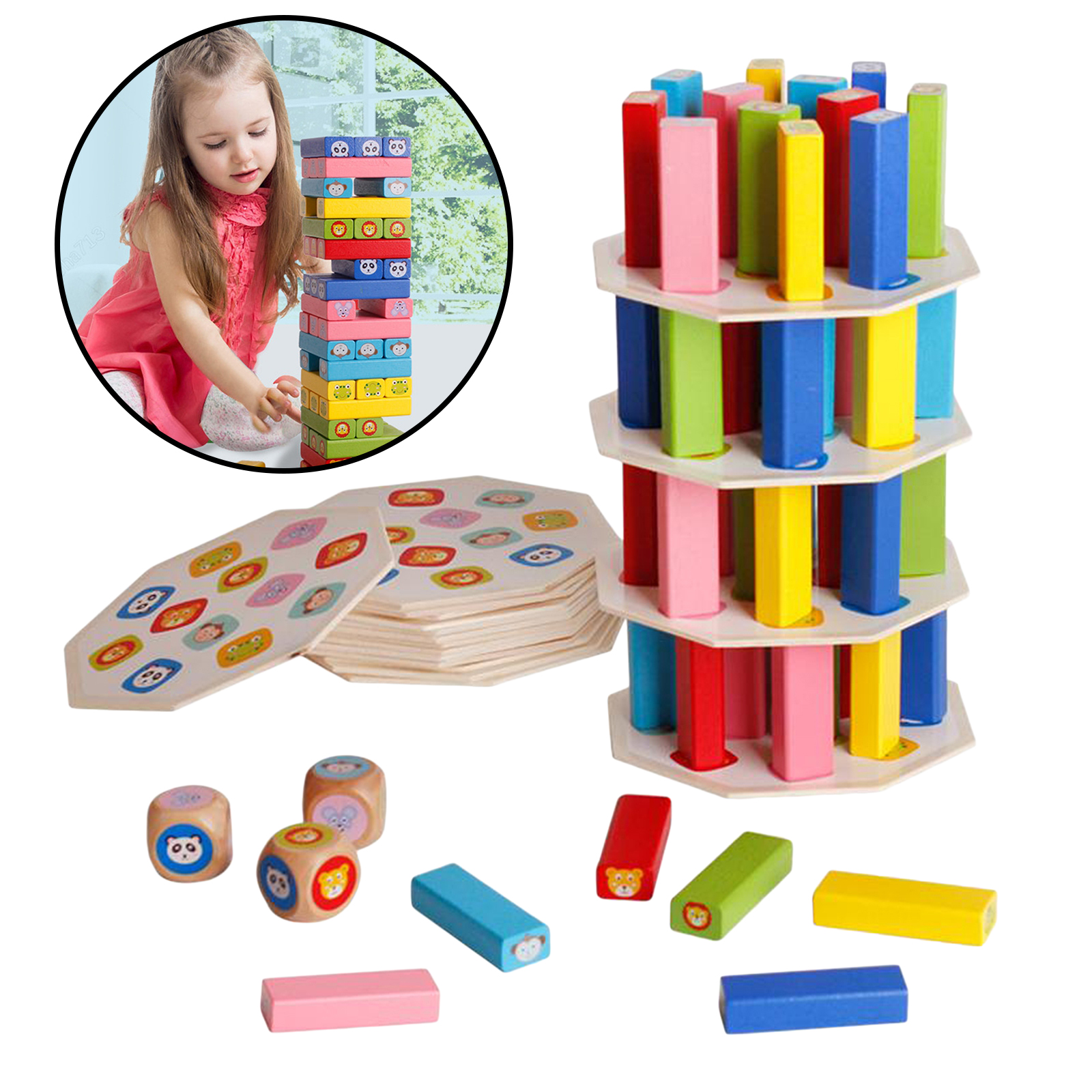 Funny Wooden Tower Hardwood Domino Stacking Building Blocks Toy Montessori Educational Game for Kids Children Gift