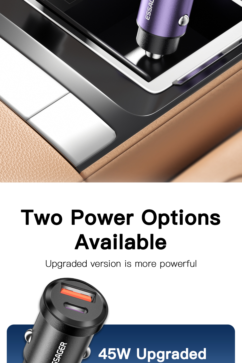 Essager 2022 Gyroscope New Type-c + USB-A USB QC3.0 30W 45W Mini Car Charger