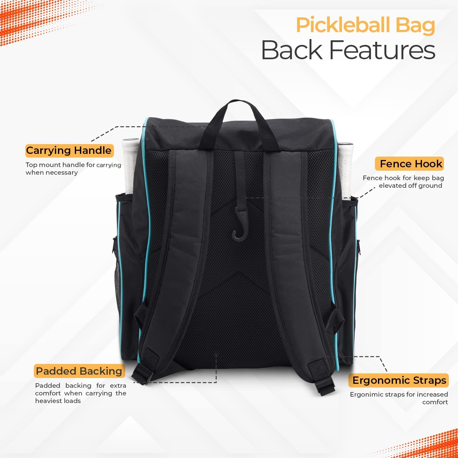 600D PVC Pickleball Racket Bag Backpack OEM / ODM With Outsides Racket Pocket Design