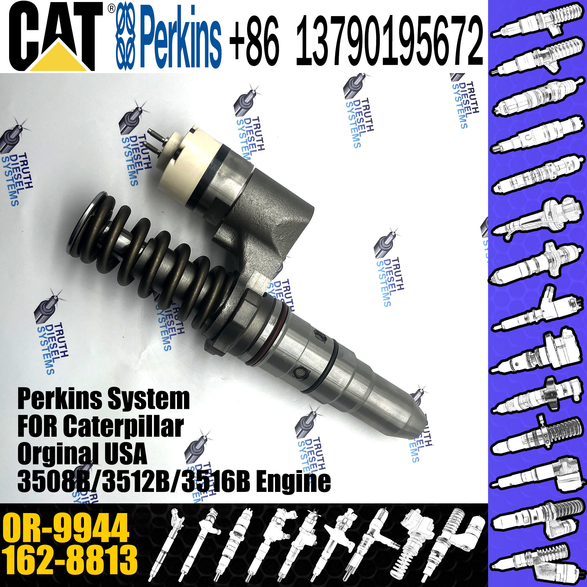 Hot sale fuel common rail injector 162-8813 1628813 0R-9944 for Caterpillar Engine 3508B 3512B 3516B