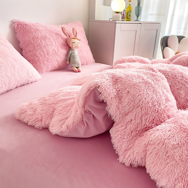 NO Customization Required Morden Luxury Jade Pink Shaggy Warm Mink Velvet Bedding Set
