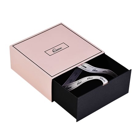 CMYK UV Coating Hinged Cardboard Drawer Box Slide Open Gift Boxes With Ribbon Buckle