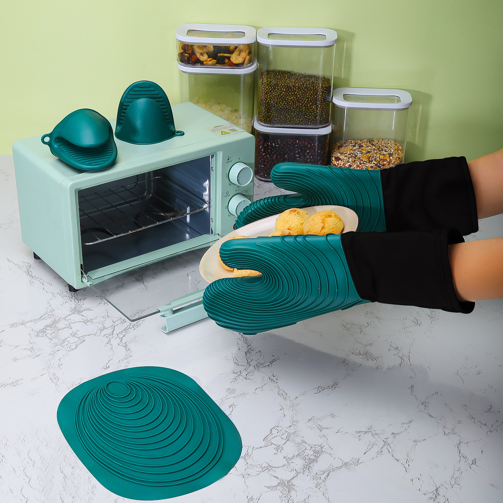 Silicone Oven Mitts Pair BBQ Gloves Heat Resistant Silicone Grilling Gloves Silicone Kitchen Utensil Baking Gloves