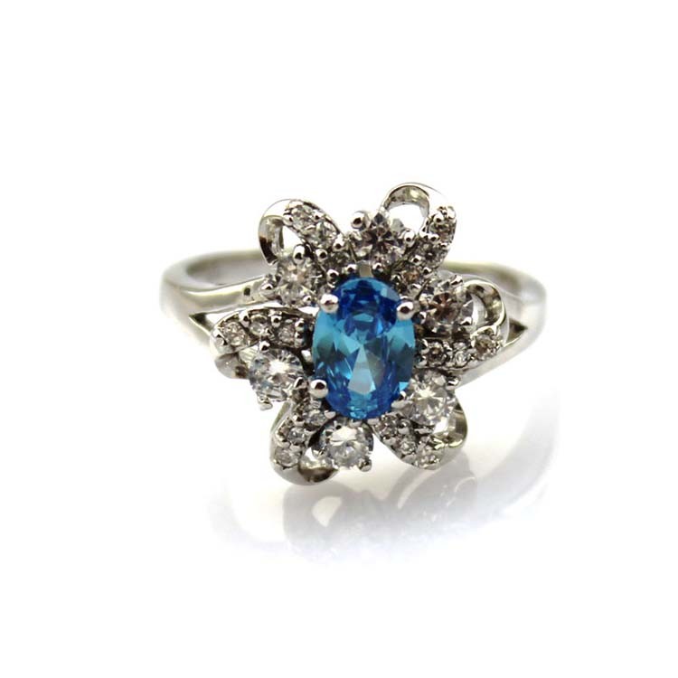 Women Jewelry 5mmx7mm Oval Blue Topaz Clear Cubic Zirconia Silver Ring(F22)