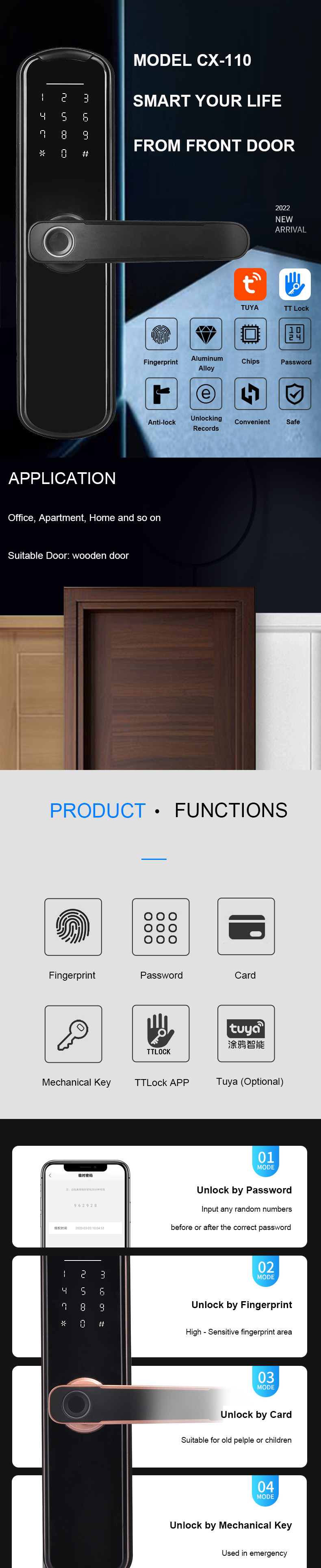 TTlock App Controlled Smart Lock Key Pad SU304 DC6V With Handles