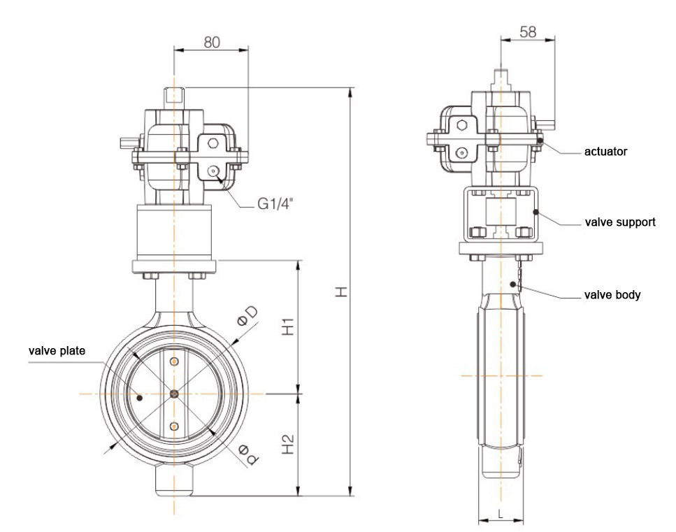 ISO9001 Pneumatic Butterfly Valve 0.3-0.8mpa DN50