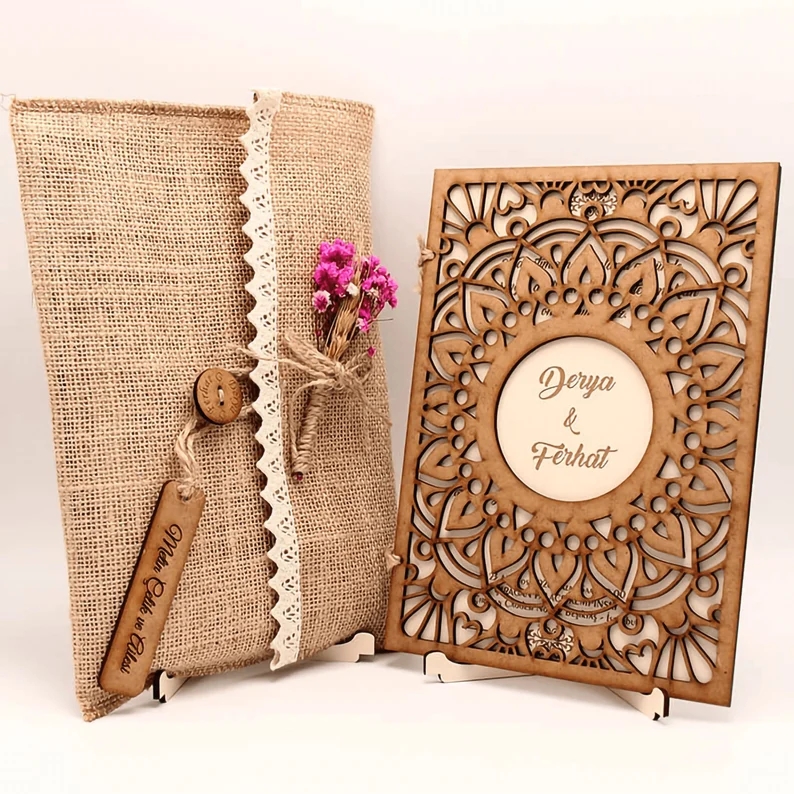Rustic Wood Invitation with Guest Name Tag Rustic Wooden Laser Cut Invitation with Rustic Envelope