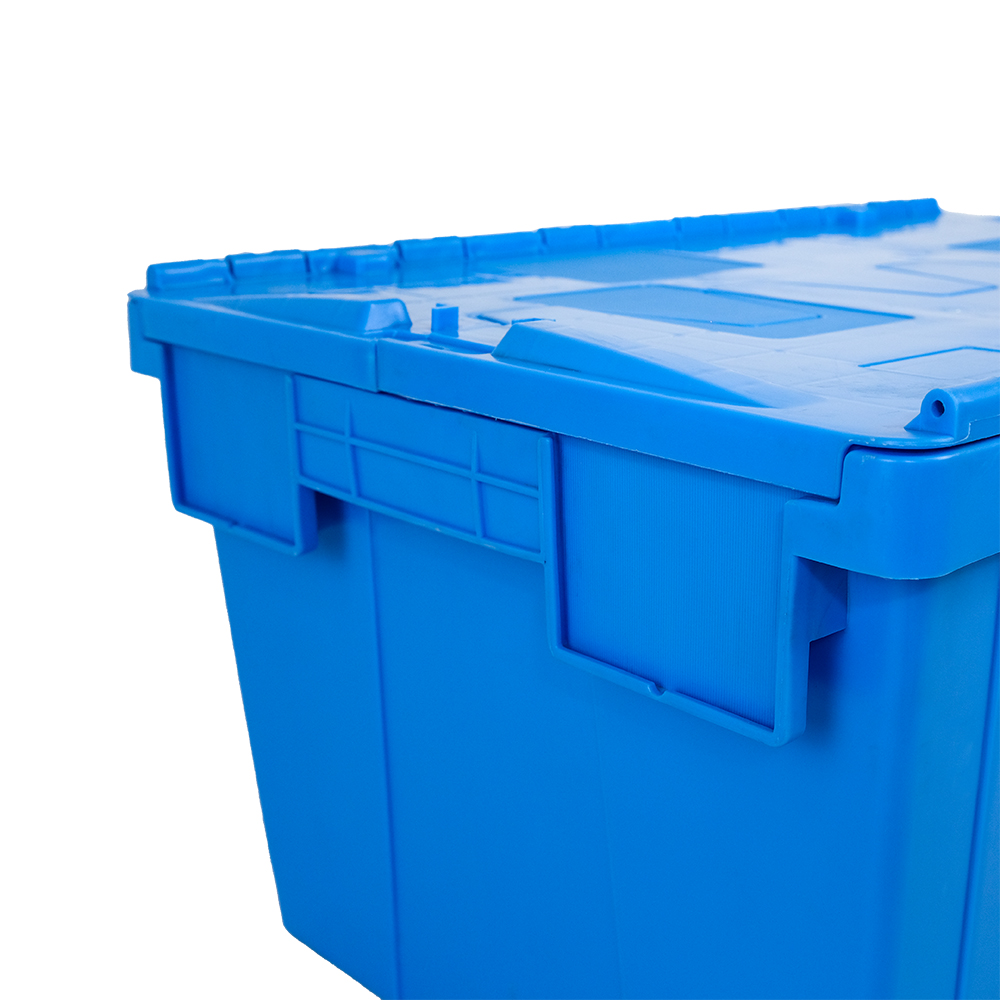 Moving Industrial Plastic Container with Hinged Attached Lid and Lockable Hinged Lid