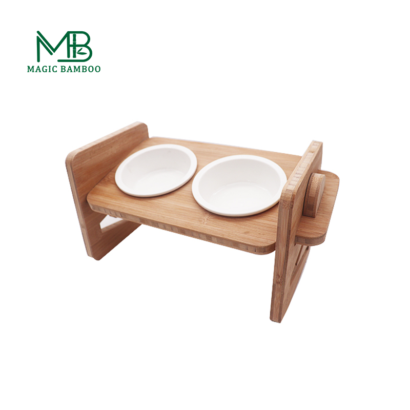 Protect Cervical Spine Easy Cleaning Ceramic Pet Feeder with Adjustable Bamboo Stand