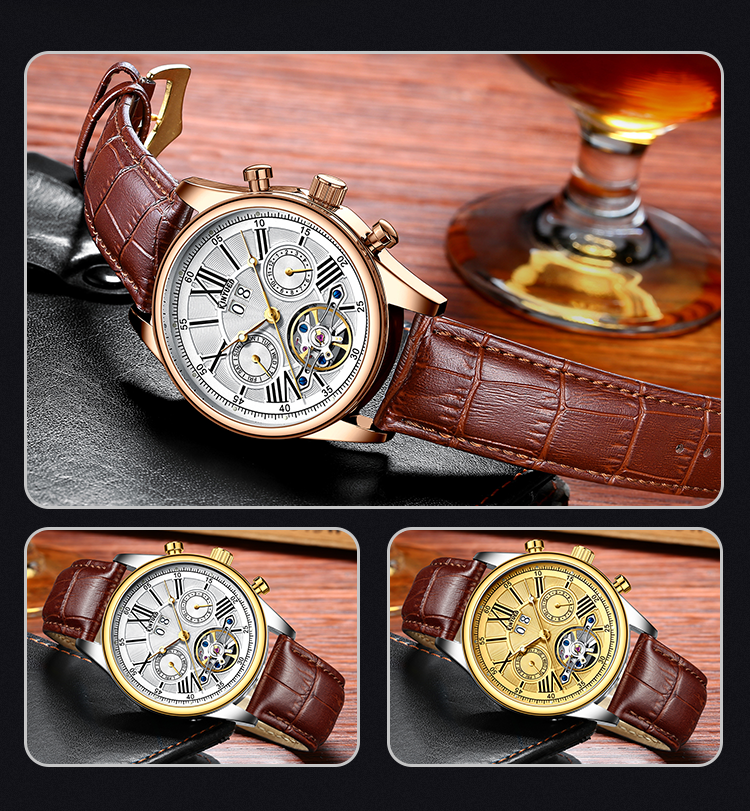 Brand KINYUED fashion mens wind up use hand water resistant tourbillon automatic watch