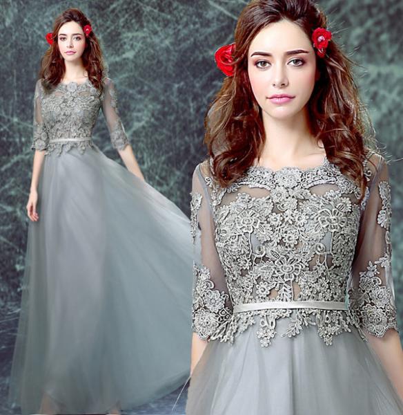 Buy cheap Gorgeous Dark Gray Embroidery Lace Crepe Satin Sashes Evening Dress TSJY078 from wholesalers