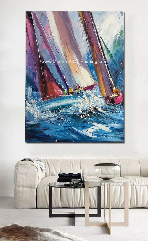 Abstract Palette Knife Sailing Boats Paintings, Hand Painted Thick Oil Canvas Art
