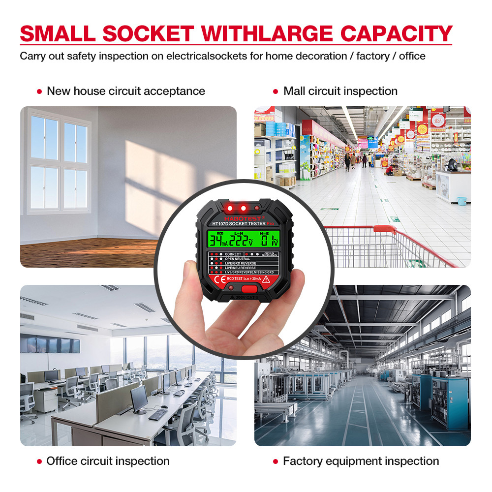 HT107 Socket Tester Pro Voltage Test RCD 5/30mA Socket Detector Ground Zero Line Plug Polarity Phase Check
