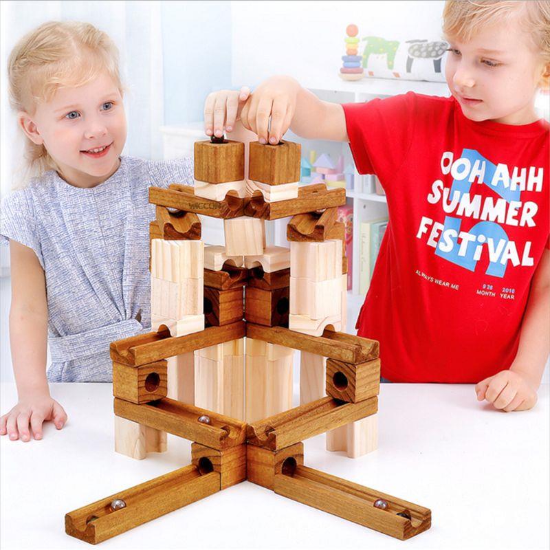 60pcs Wooden Marble Track Assembly Building Blocks Ball Puzzle Children Educational Toys Kids Gift