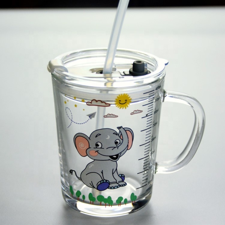 Cartoon Crystal Drinking Glass With Lid And Silicate Straw
