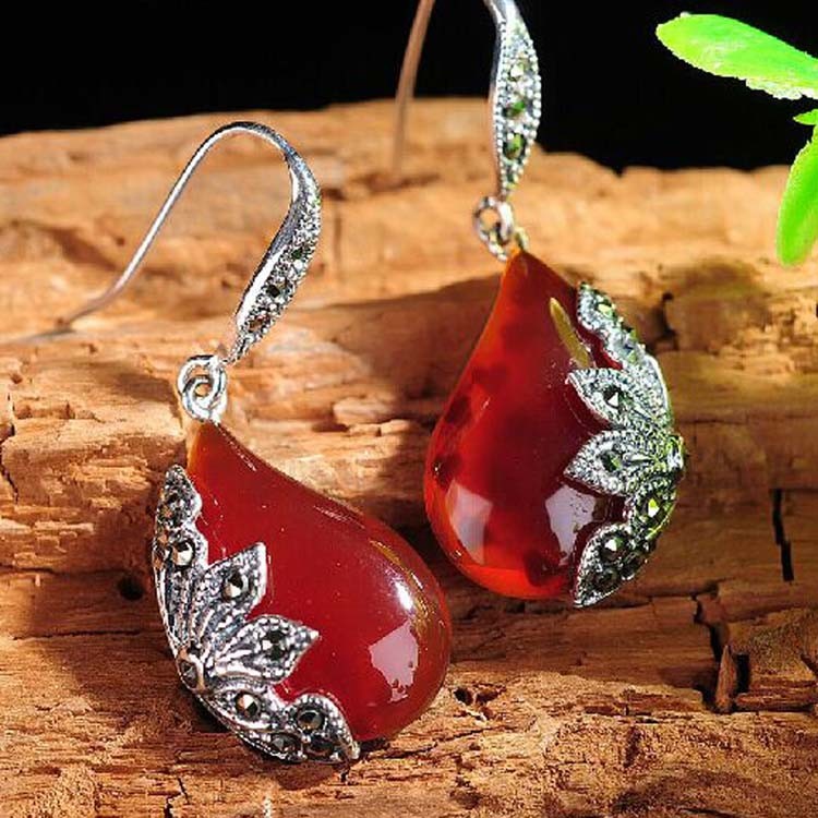 Sterling Silver Marcasite Earrings Red Agate Retro Jewelry (JA1729RED)