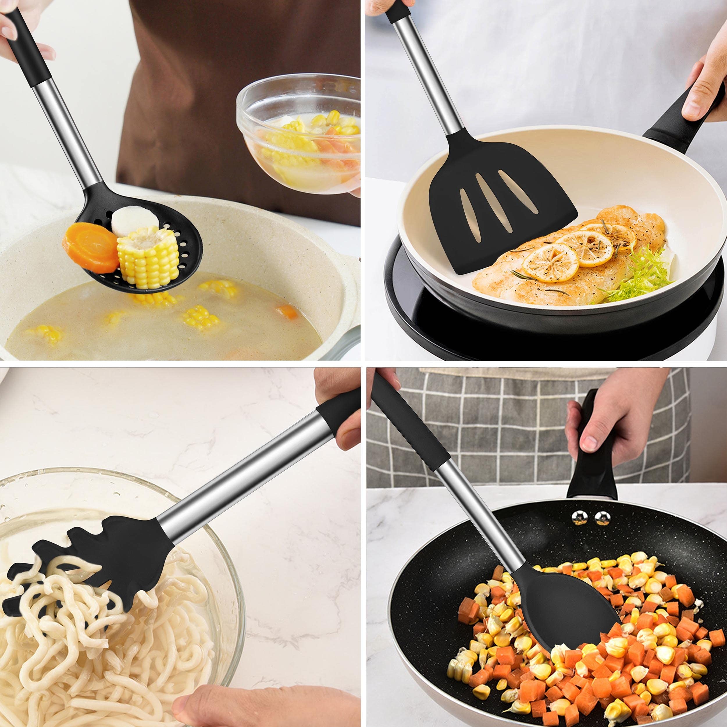 14 Pieces Kitchen Cooking Silicone Utensils Set with Stainless Steel Handle Kitchen Tools Set for Nonstick Cookware