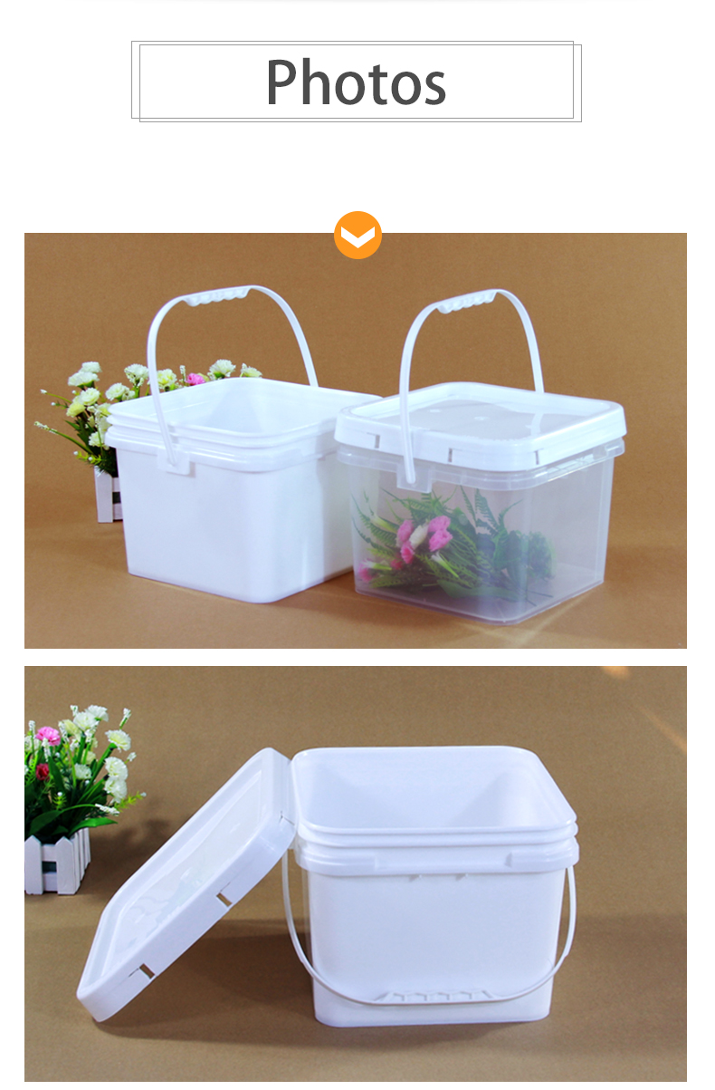 Customized Printing Injection Moulding Square Plastic Bucket With Lid White Logo Design
