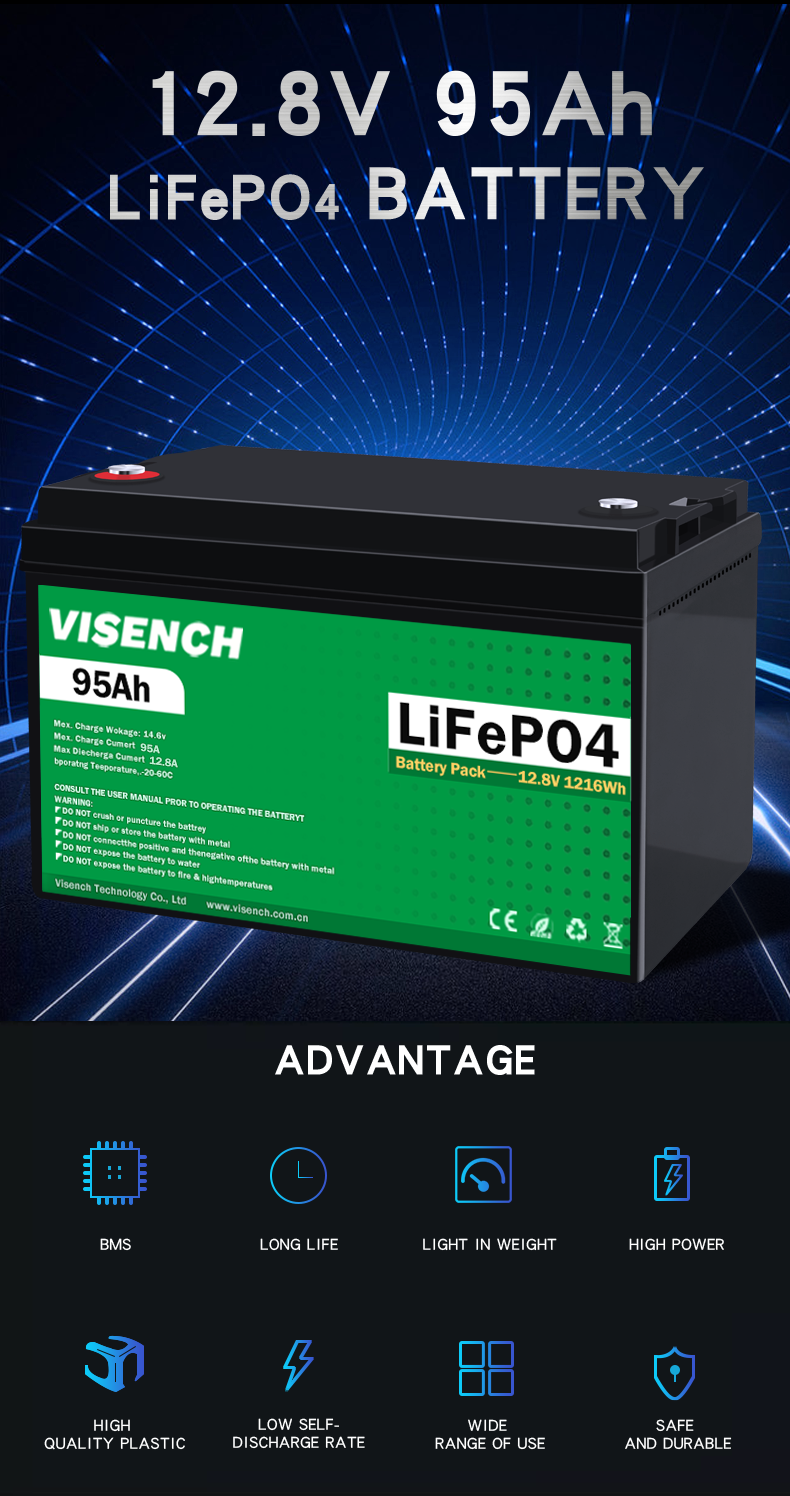 Visench 12V 100Ah Lifepo4 Lithium Iron Battery Pack Deep Cycle Times battery lifepo4 12V for solar energy system