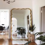 Wavy Beveled Floor Mirror Wood Frame 600mm For Modern Bedroom Decoration