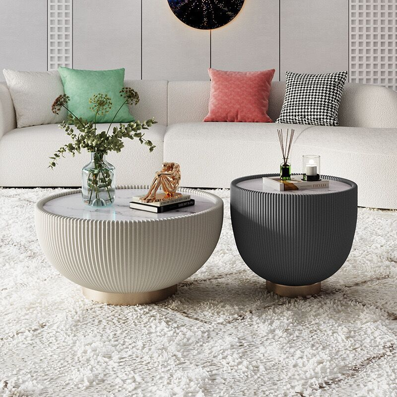 Modern Design Iron Frame Sofa Side Table with Sponge PU Base Bowl-Shaped Rock Plate Top for Tea Coffee Living Room Furniture