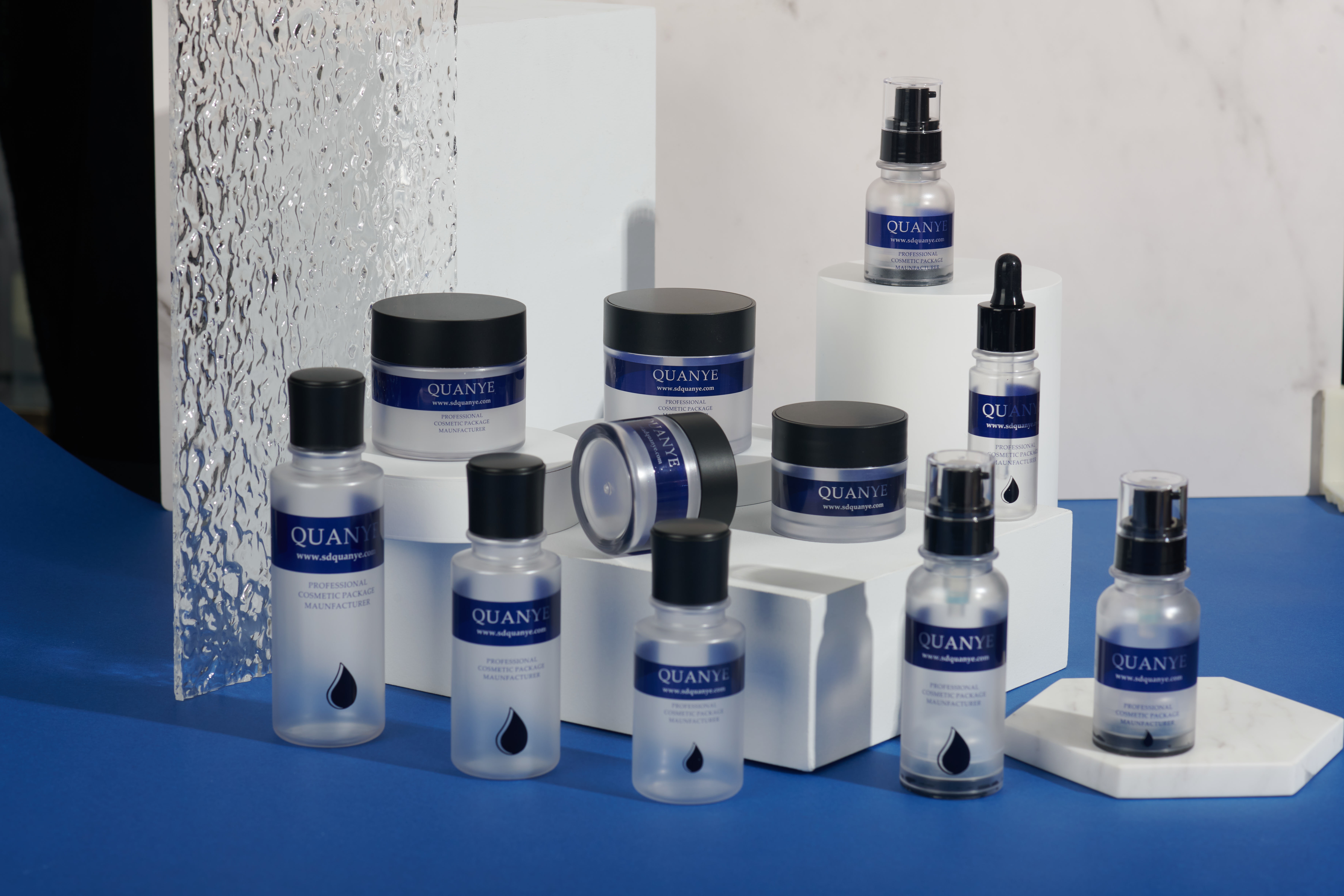 Blue Frosted Empty Cosmetic Bottle Series Group PET PETG Plastic For Cream Serum