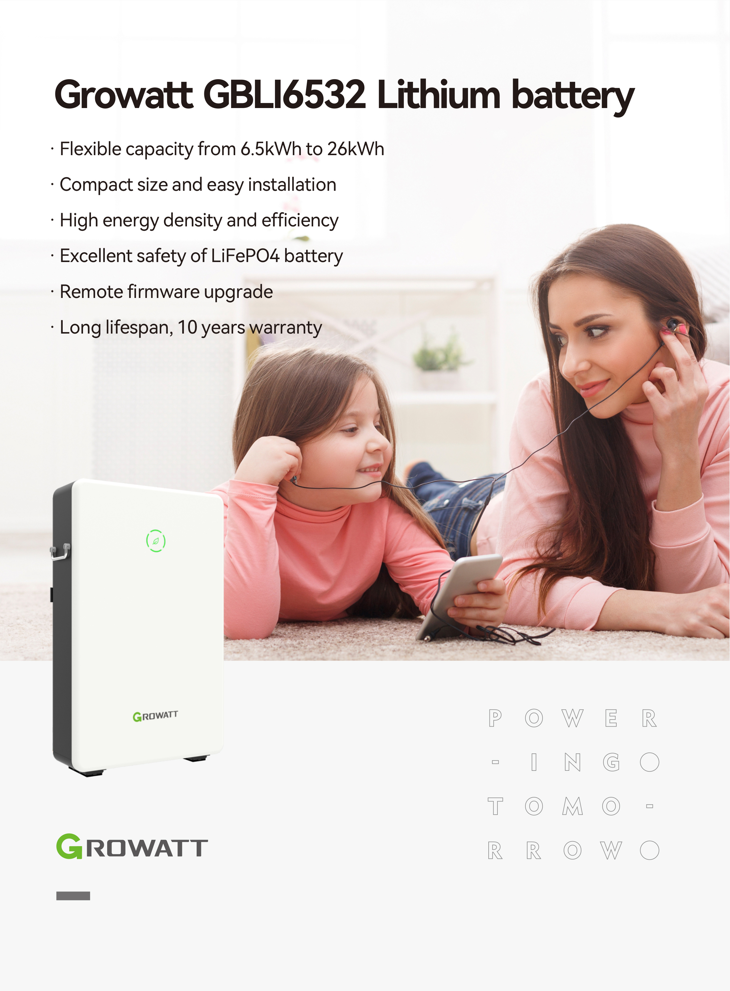 Deep Cycle Lifepo4 Lithium Battery Growatt 51.2V 6.5kWh GBLI6532 Wall-mounted Series