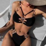 Split Ladies Black Swim Suit Nylon Ring Buckle 2 Piece Bathing Suits Sexy