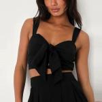 Crinkle Woven Rayon Black Sleeveless Tie-Front Two-Piece Dress Smocked Crop Tank