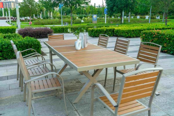 Buy cheap 9 Pieces Plastic Wood Outdoor Restaurant Garden Tables Chairs Outdoor Furniture Patio Dinning Table Patio Furniture from wholesalers